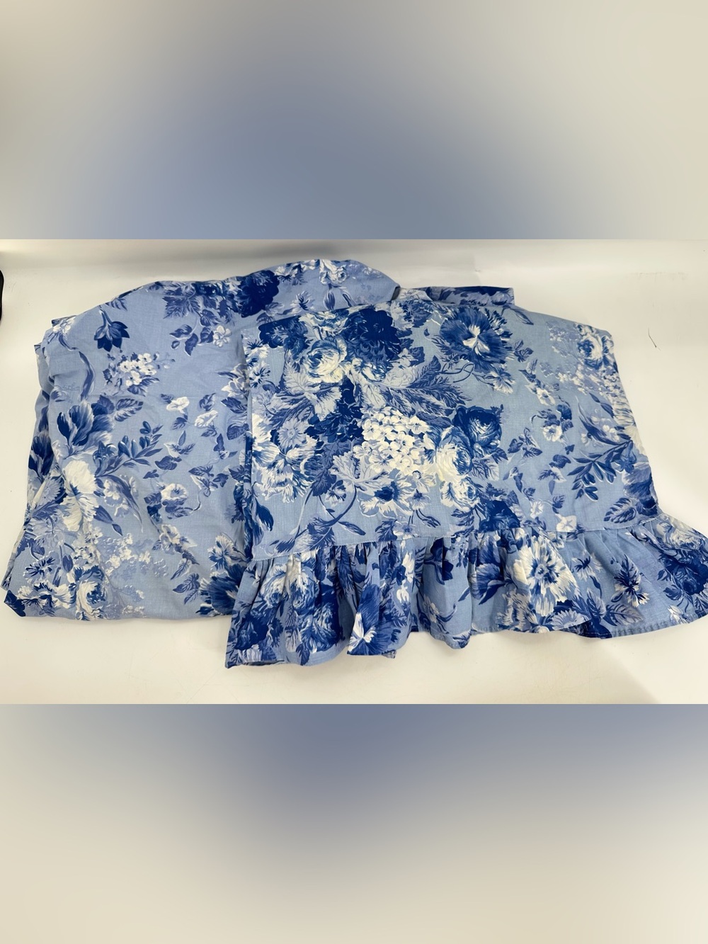Vtg 80s Ralph Lauren Isadora Delft Blue & White Floral Queen Fitted Sheet Set